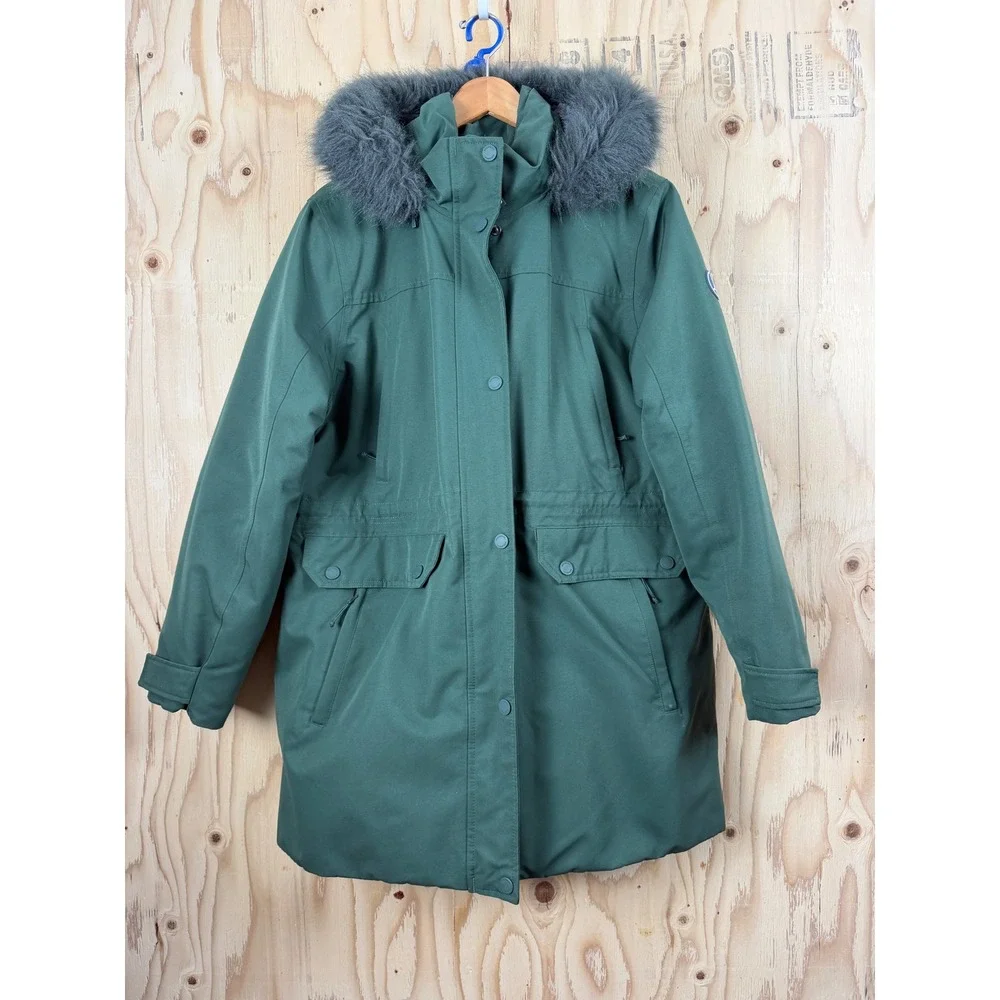 Lands' End Expedition Down Parka Women XL 18 Green Waterproof Faux Fur Hood